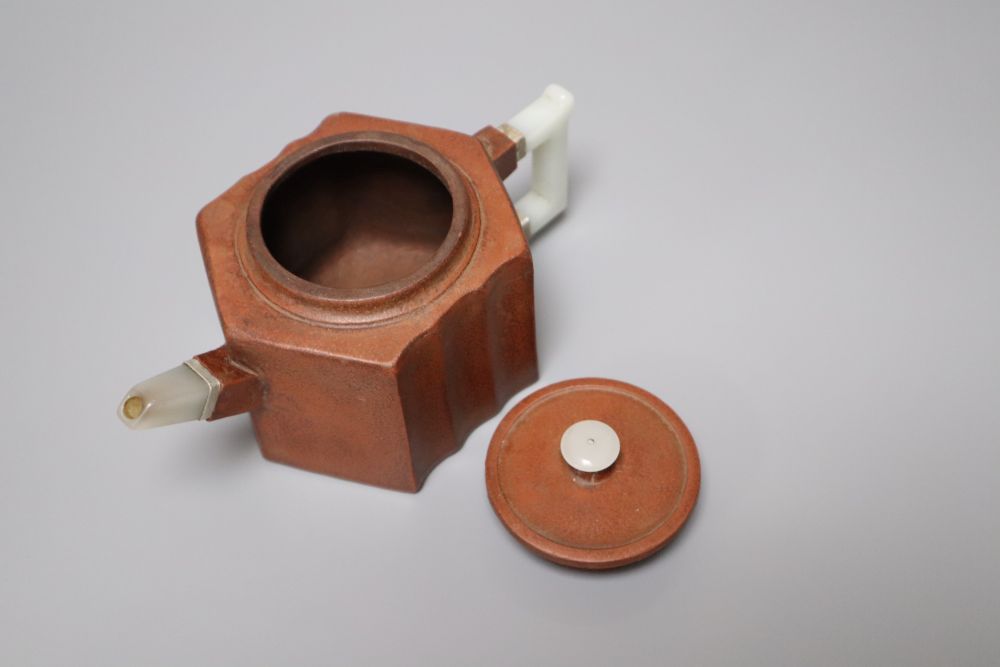 A Chinese Yixing teapot, with agate mounts, 18cm across